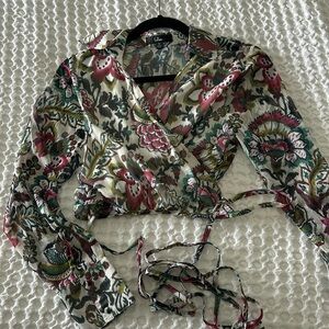 Lulus Printed Long Sleeve Wrap Tie Crop Top Blouse